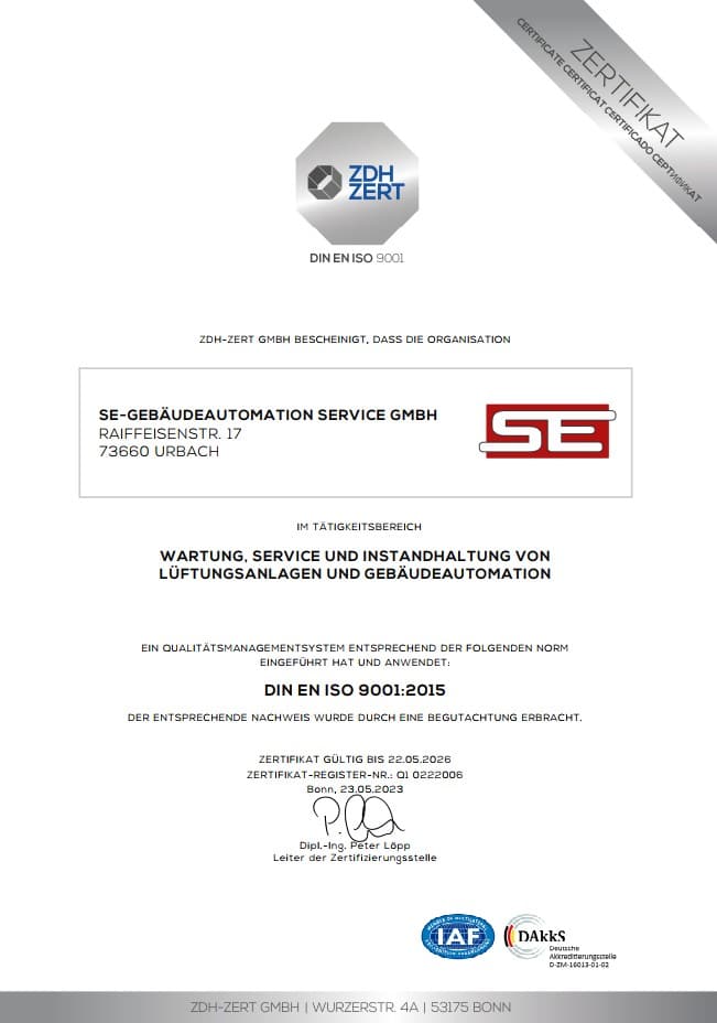 DIN ISO 9001:2015 im Tätigkeitsbereich Wartung, Service und Instandhaltung von Lüftungsanlagen und Gebäudeautomation